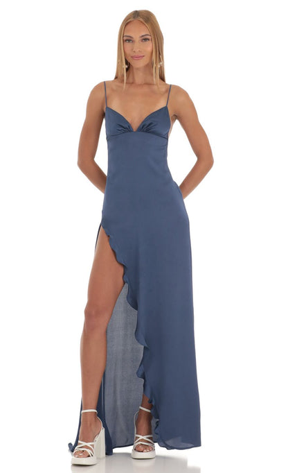 Lucy In The Sky Satin Ruffle Maxi Dress in Blue