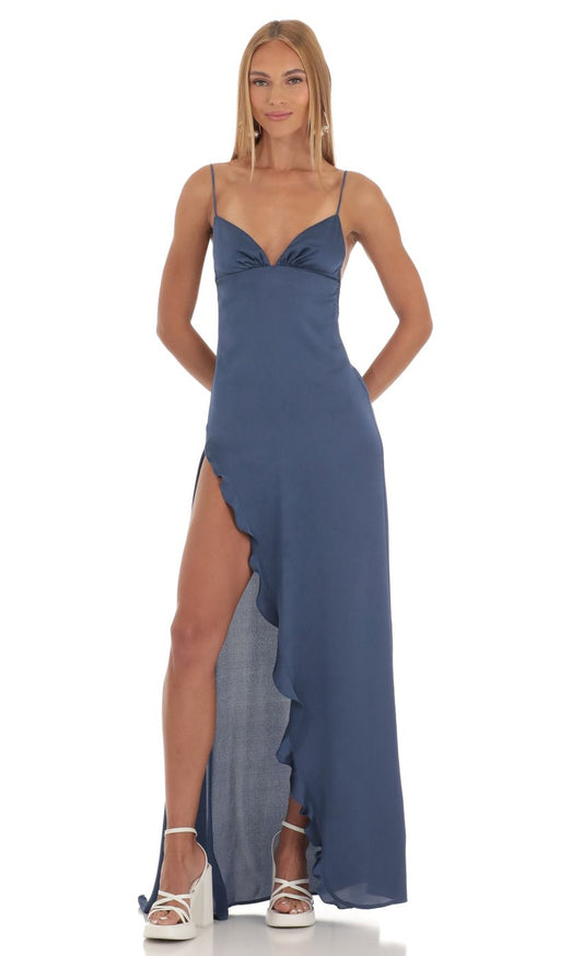 Lucy In The Sky Satin Ruffle Maxi Dress in Blue