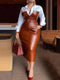 Ursime Shirt Collar Long Sleeve PU Leather Patchwork Belt Midi Dress