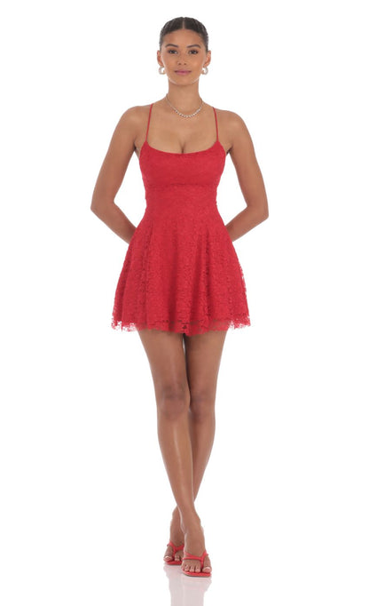 Lucy In The Sky Lace Floral Mini Dress in Red