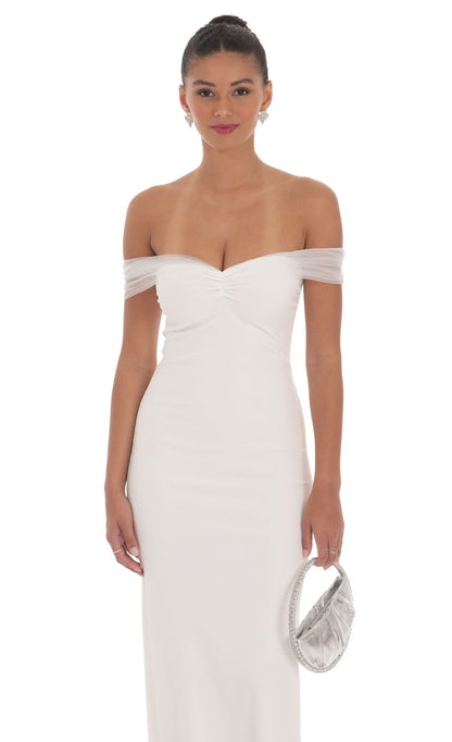 Lucy in the Sky Tulle Off Shoulder Sleeve Maxi Dress in White