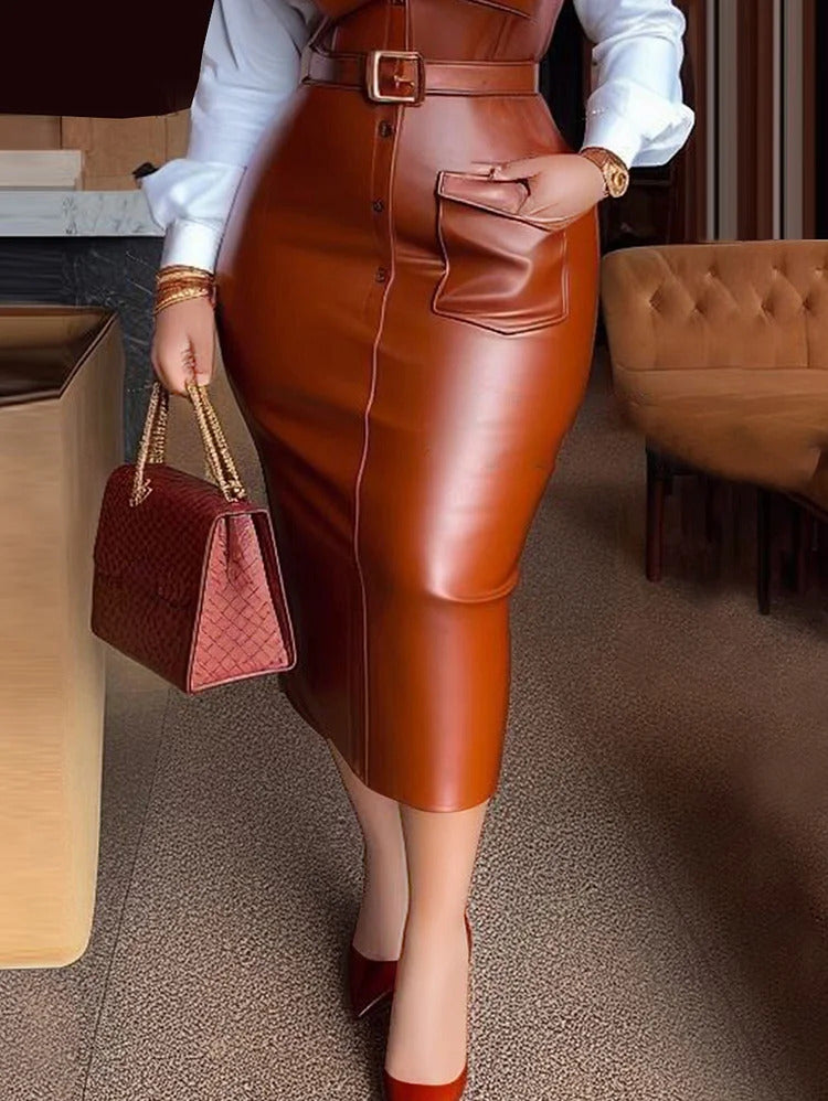 Ursime Shirt Collar Long Sleeve PU Leather Patchwork Belt Midi Dress