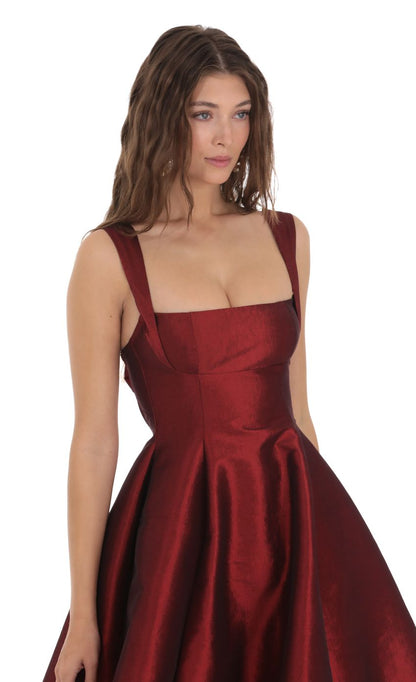 Lucy In The Sky Square Neck Flare Midi Dress in Maroon