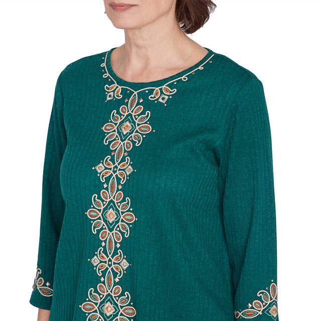 Alfred Dunner Women's Center Medallion Embroidered Three Quarter Sleeve Top