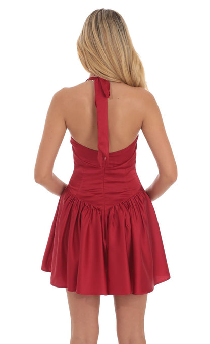 Lucy In The Sky Satin Halter A-line Dress in Red