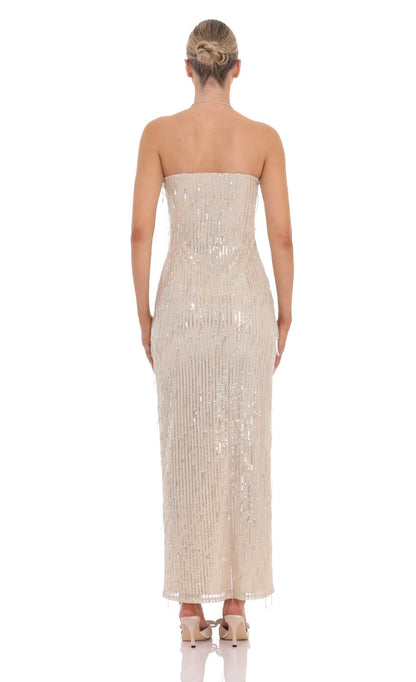 Lucy In The Sky Fringe Sequin Strapless Maxi Dress in Champagne