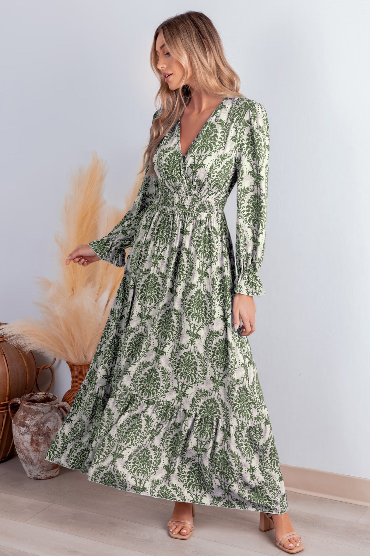 Cupshe Damask Long Sleeve V-Neck Maxi Dress