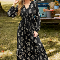 Cupshe Black Floral V-Neck Puff Sleeve Maxi Dress