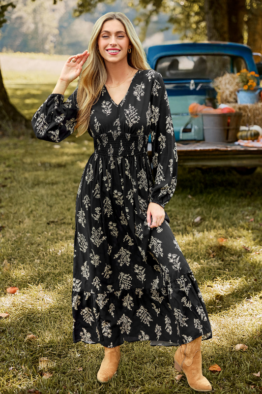 Cupshe Black Floral V-Neck Puff Sleeve Maxi Dress