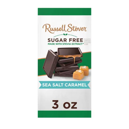 Russell Stover Chocolates Sugar Free Dark Chocolate Candy Sea Salt Caramel 3 oz. Bar, case of 12