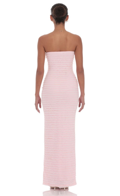 Lucy In The Sky Strapless Ruffle Maxi Dress in Pink