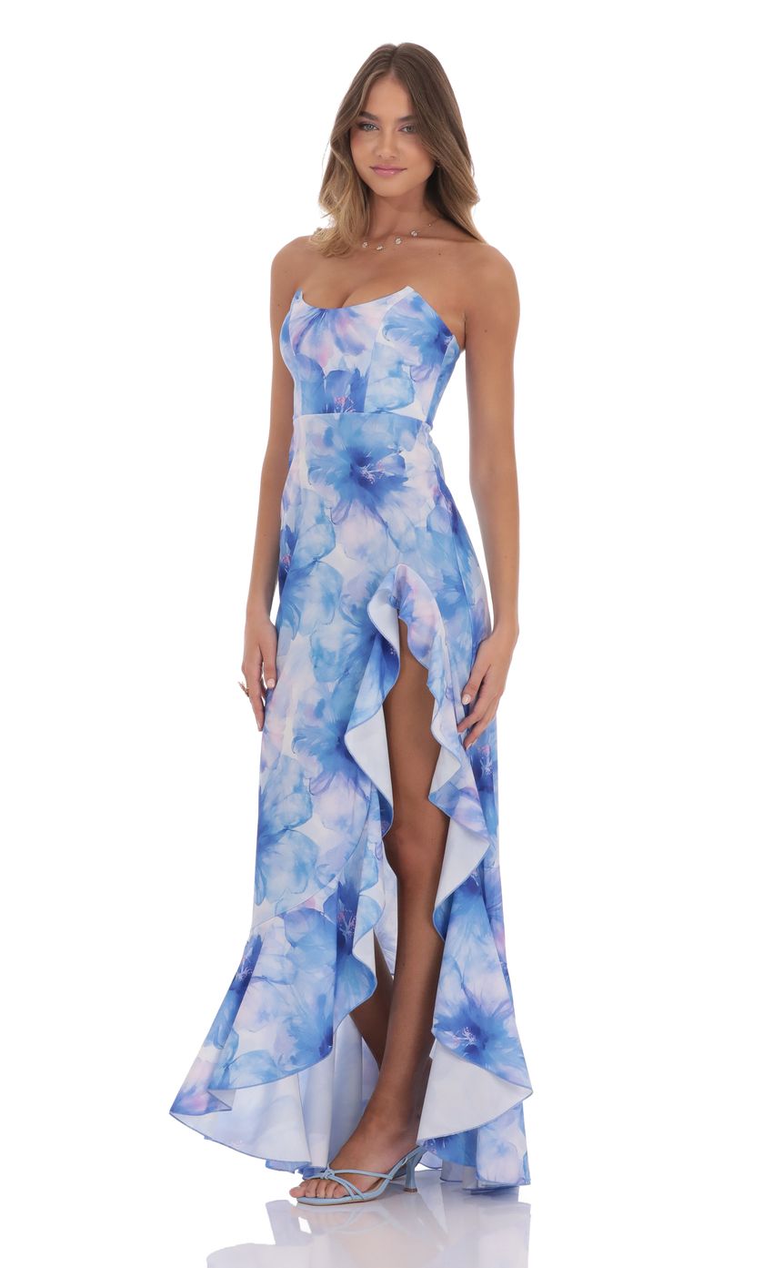Lucy in the Sky Floral Ruffle Slit Strapless Corset Maxi Dress in Blue