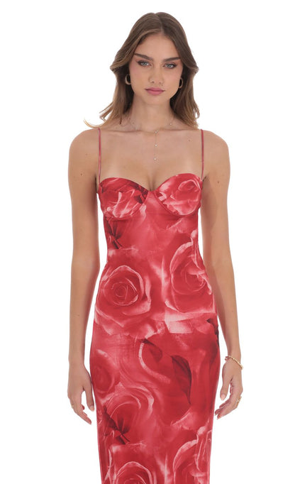 Lucy In The Sky Rose Open Back Mesh Maxi Dress in Red