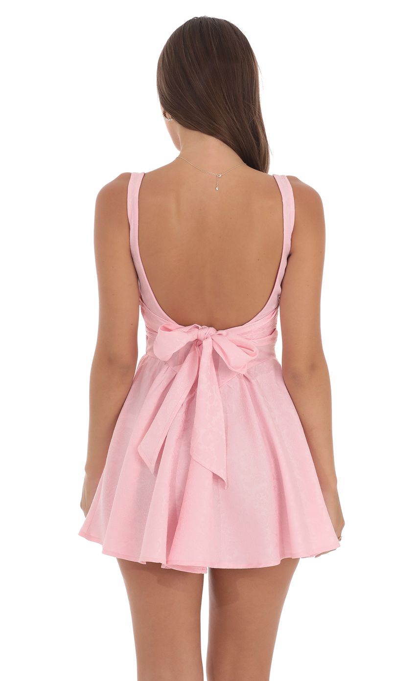 Lucy In The Sky Jacquard Open Back Bow Dress in Pink