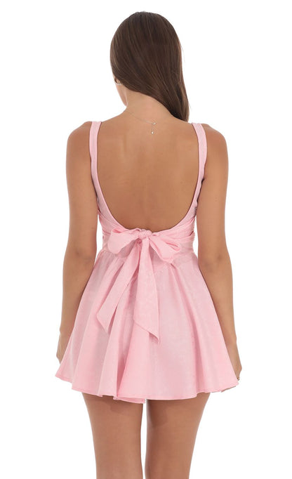 Lucy In The Sky Jacquard Open Back Bow Dress in Pink