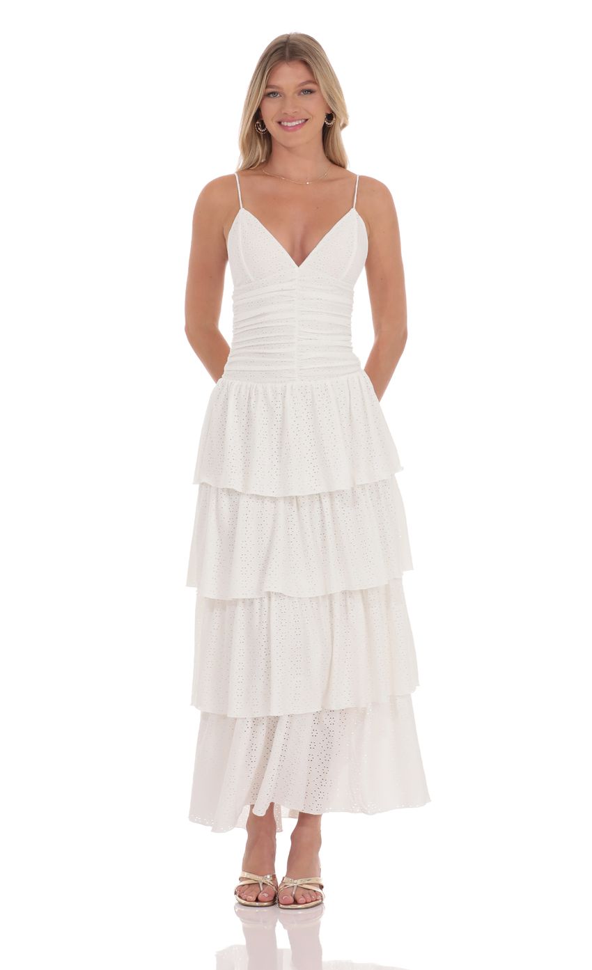 Lucy In The Sky Ruched Ruffle Eyelet Maxi Dress in White