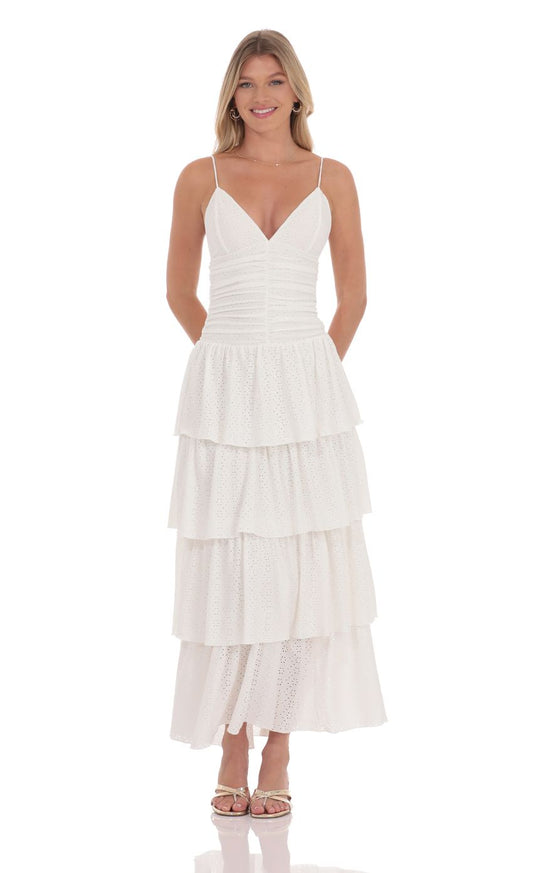 Lucy In The Sky Ruched Ruffle Eyelet Maxi Dress in White