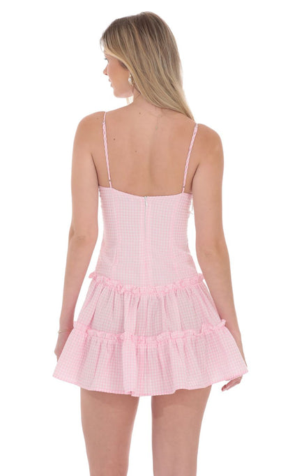 Lucy In The Sky Gingham V-Neck Dress in Pink