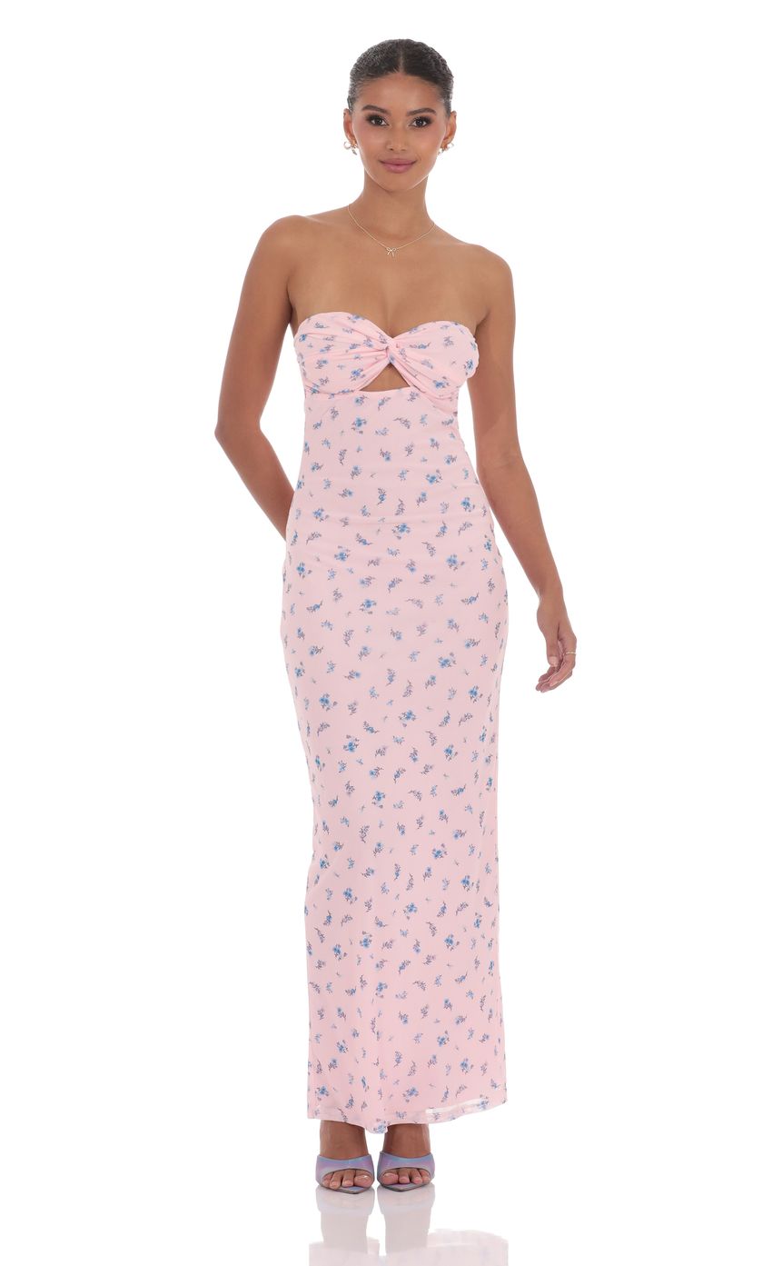 Lucy In The Sky Mesh Floral Strapless Cutout Maxi Dress in Pink