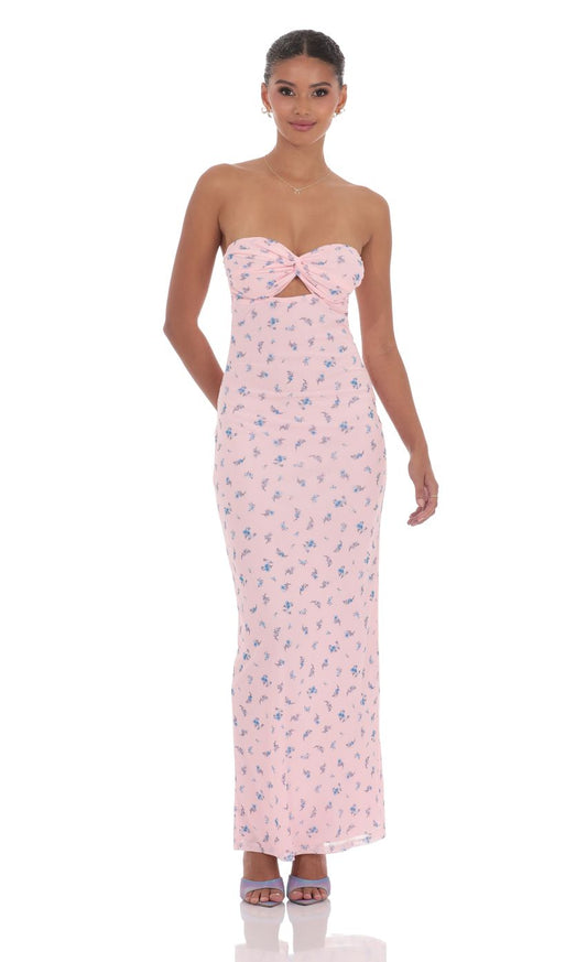 Lucy In The Sky Mesh Floral Strapless Cutout Maxi Dress in Pink