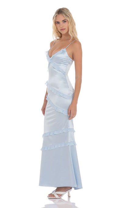 Lucy In The Sky Satin V-Neck Ruffle Mermaid Maxi Dress in Light Blue