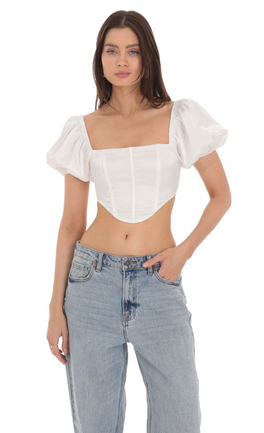Lucy in the Sky Satin Puff Sleeve Corset Top in White