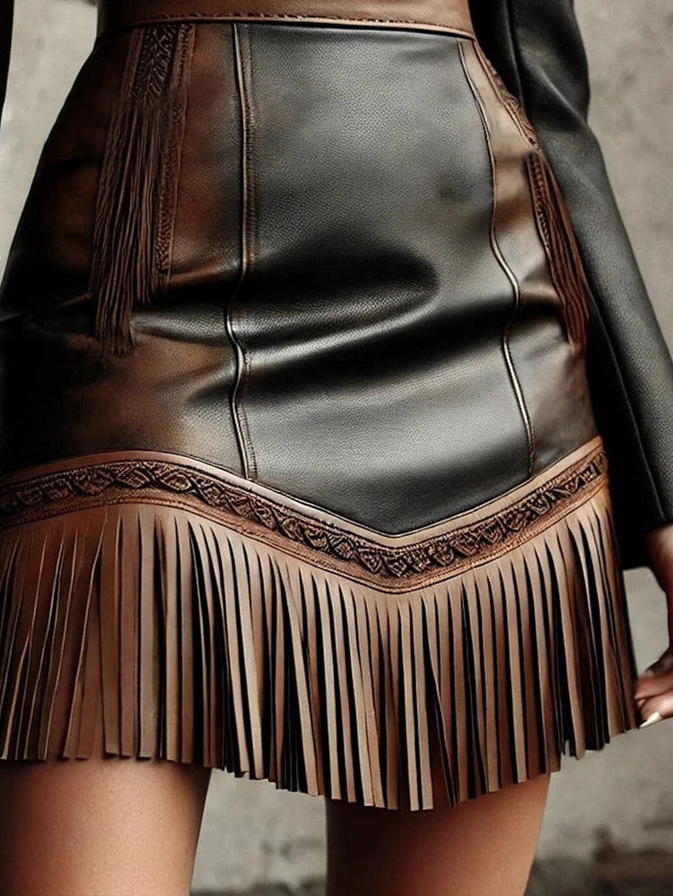 Ursime PU Leather High Rise Fringe Hem Mini Skirt