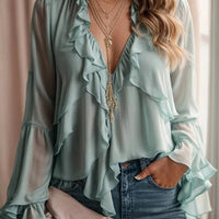 Ursime Ruffle Layered V Neck Flare Sleeve Blouse