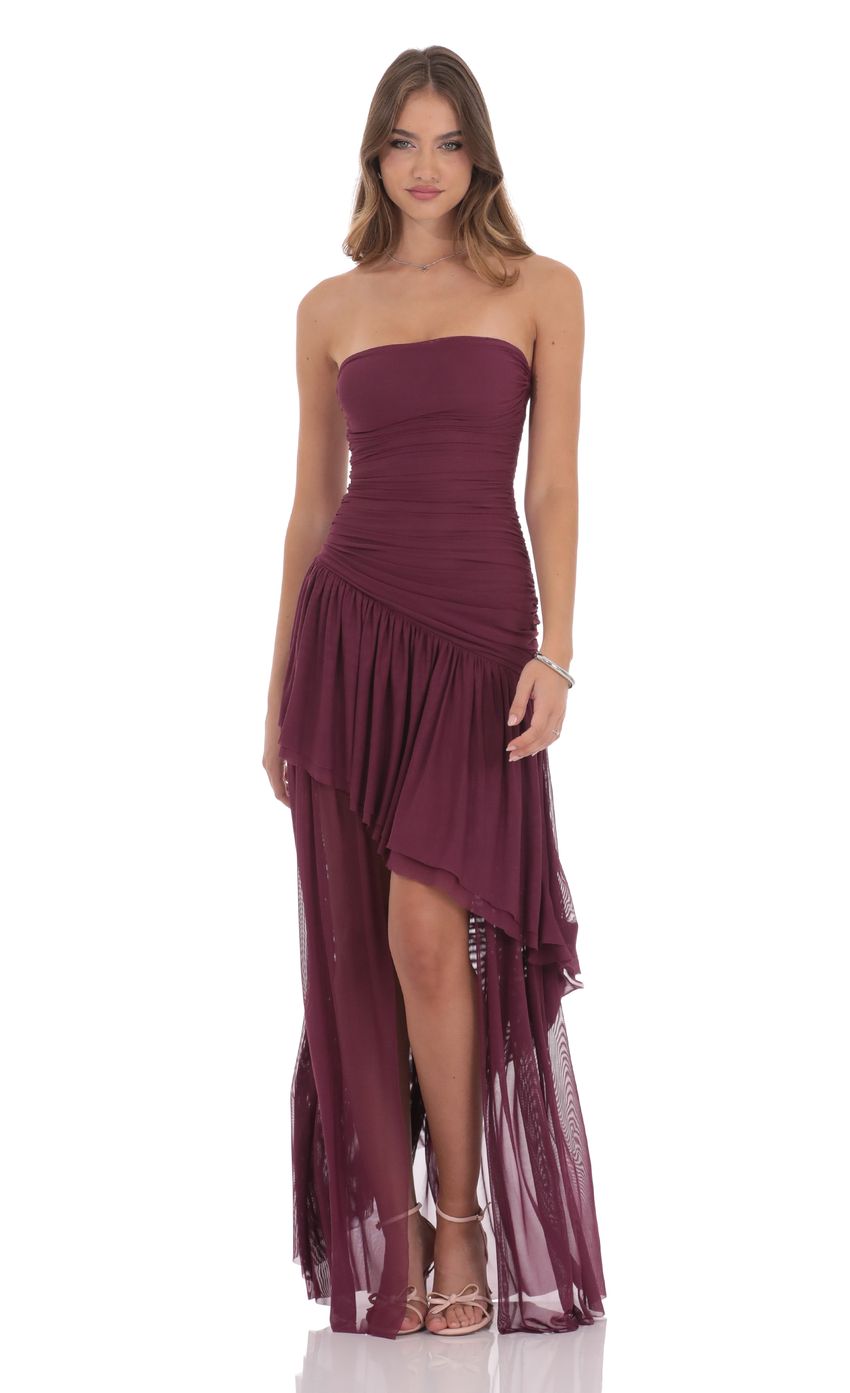 Lucy In The Sky Mesh Asymmetrical High Low Maxi Dress in Plum