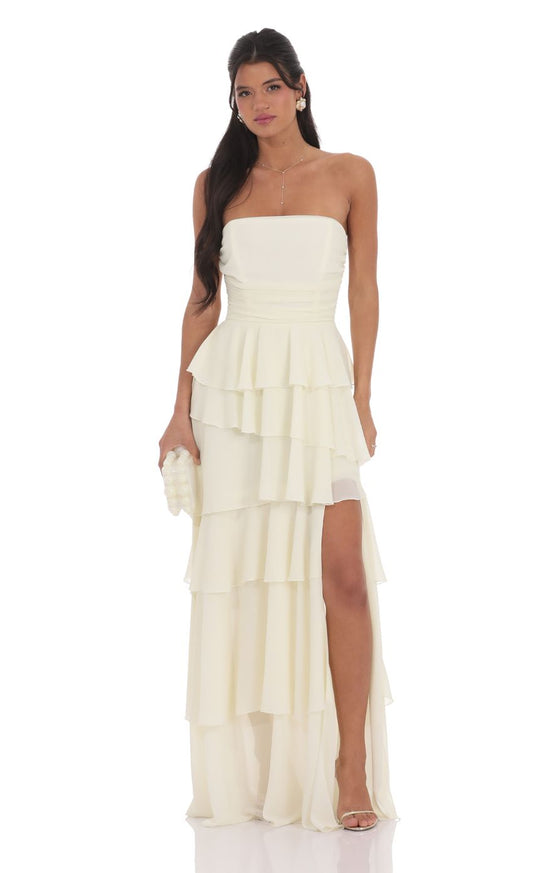 Lucy In The Sky Corset Ruffle Strapless Maxi Dress in Pastel Yellow