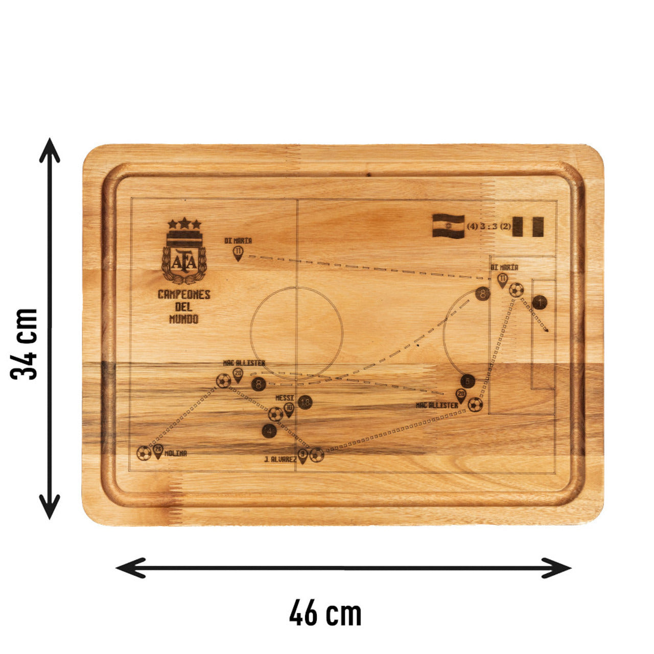 Pampa Direct Medium BBQ Board with Laser Engraved AFA Gol Di María - Eucalyptus by Regalando Pasión, 34 cm x 47 cm / 13.39" x 18.50"