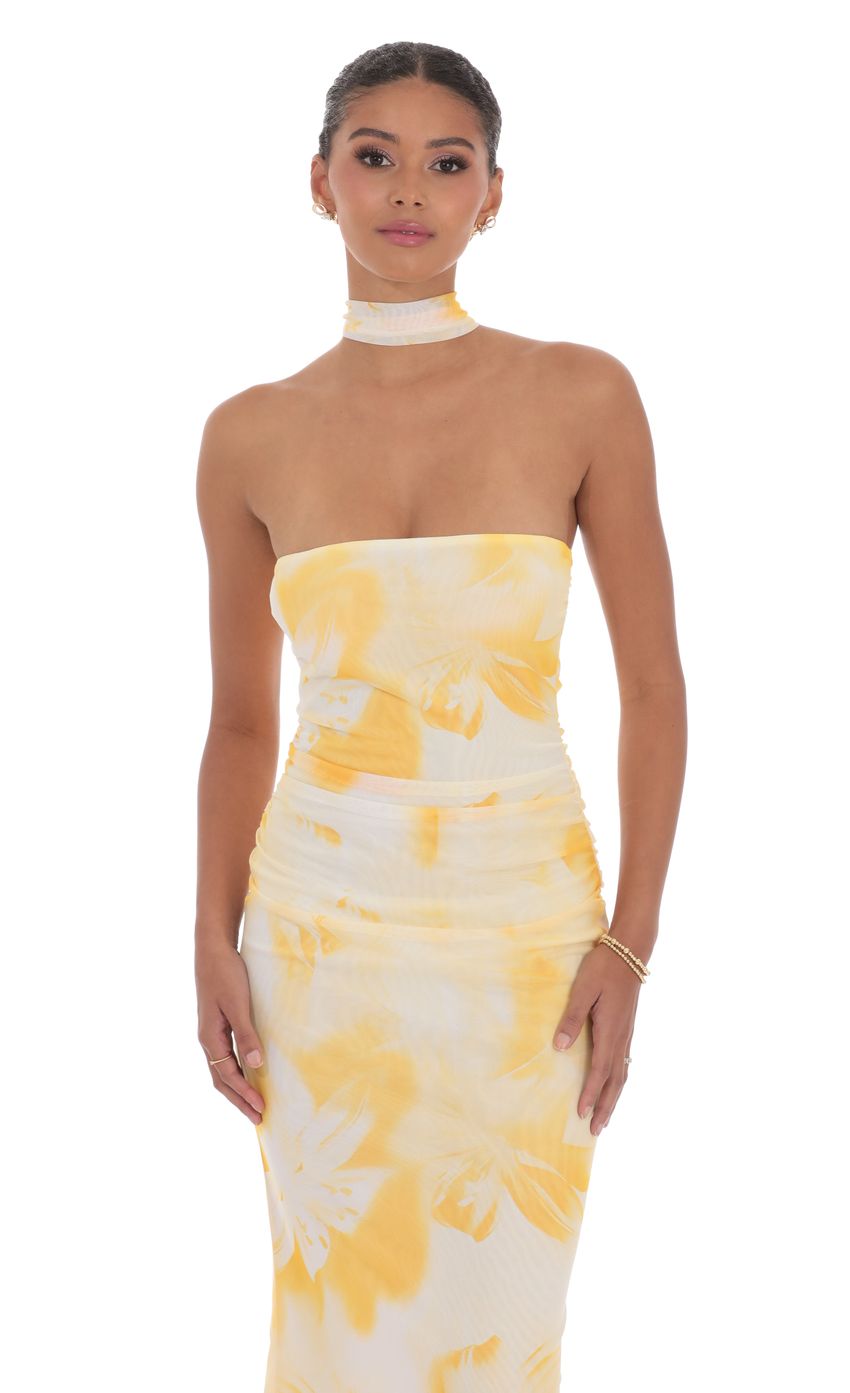 Lucy in the Sky Scarf Mesh Floral Strapless Maxi Dress in Yellow