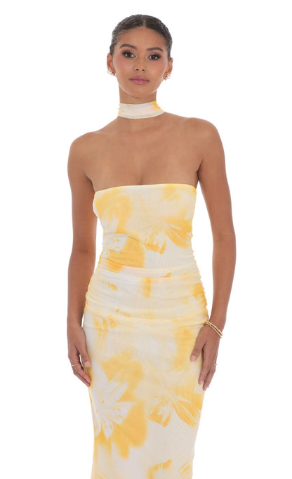 Lucy in the Sky Scarf Mesh Floral Strapless Maxi Dress in Yellow