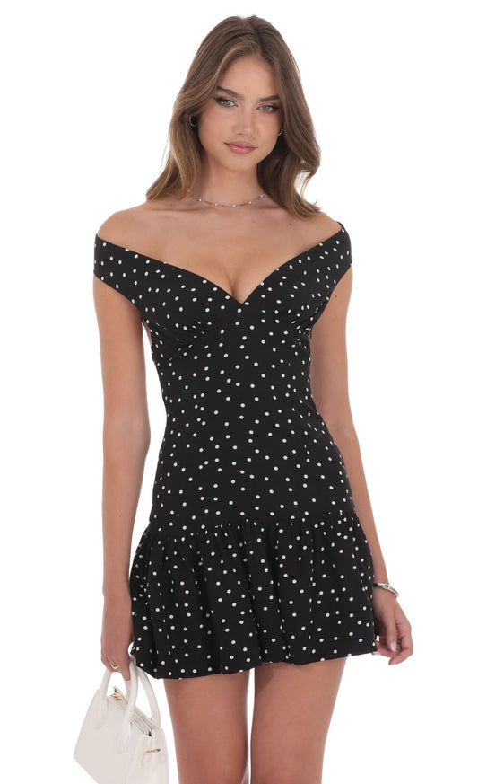 Lucy In The Sky Polka Dot Off Shoulder Drop Waist Dress in Black