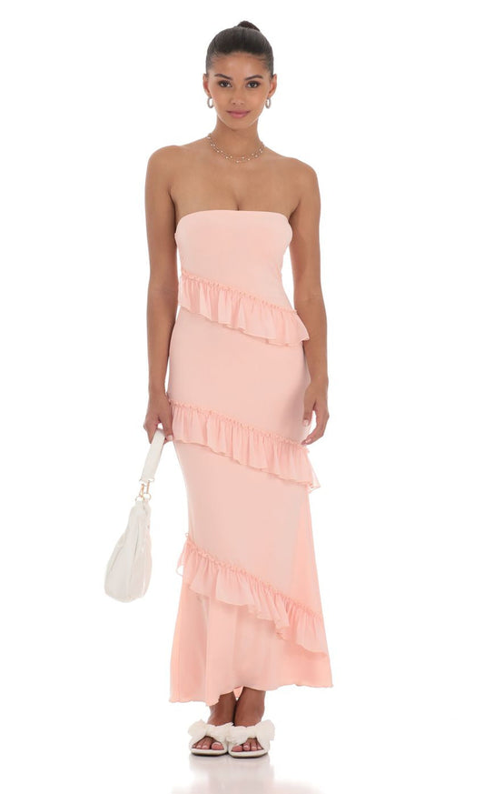 Lucy in the Sky Strapless Spiral Ruffle Maxi Dress in Peach