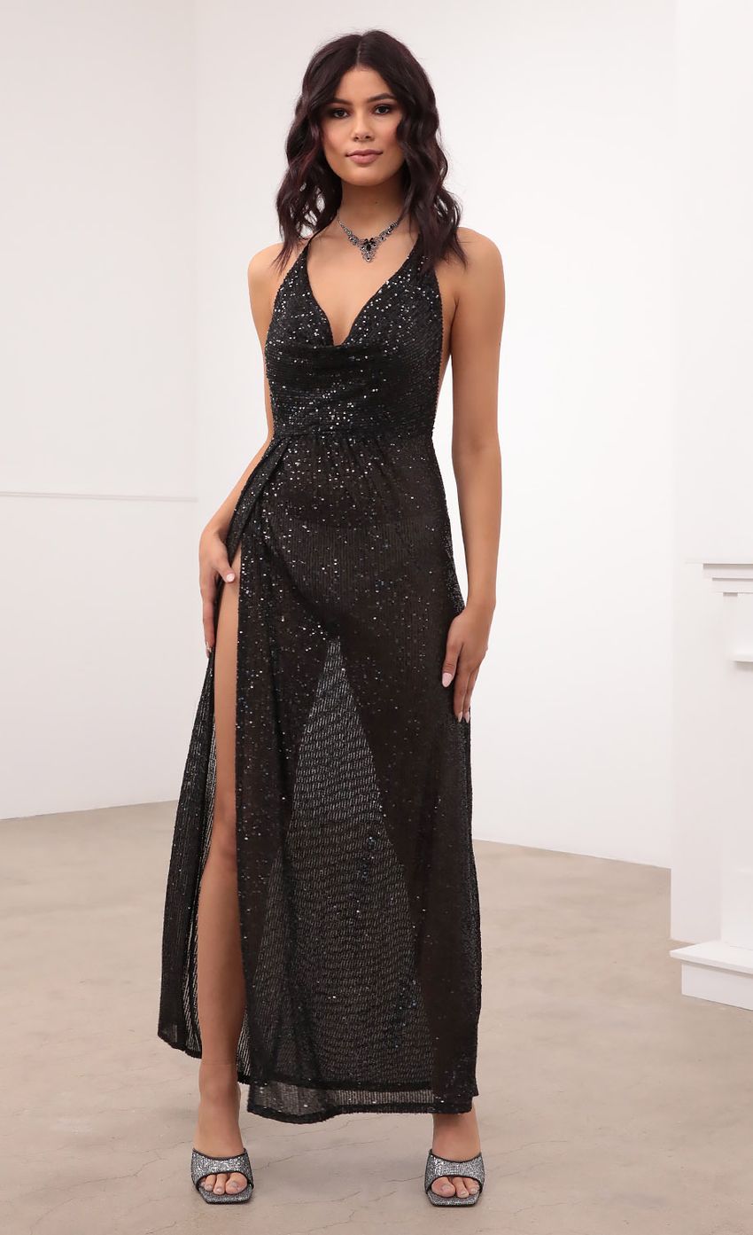 Lucy In The Sky Cowl Neck Maxi Dress in Black Sequin