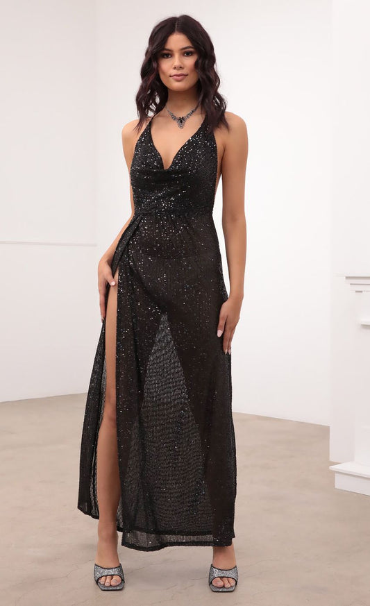 Lucy In The Sky Cowl Neck Maxi Dress in Black Sequin