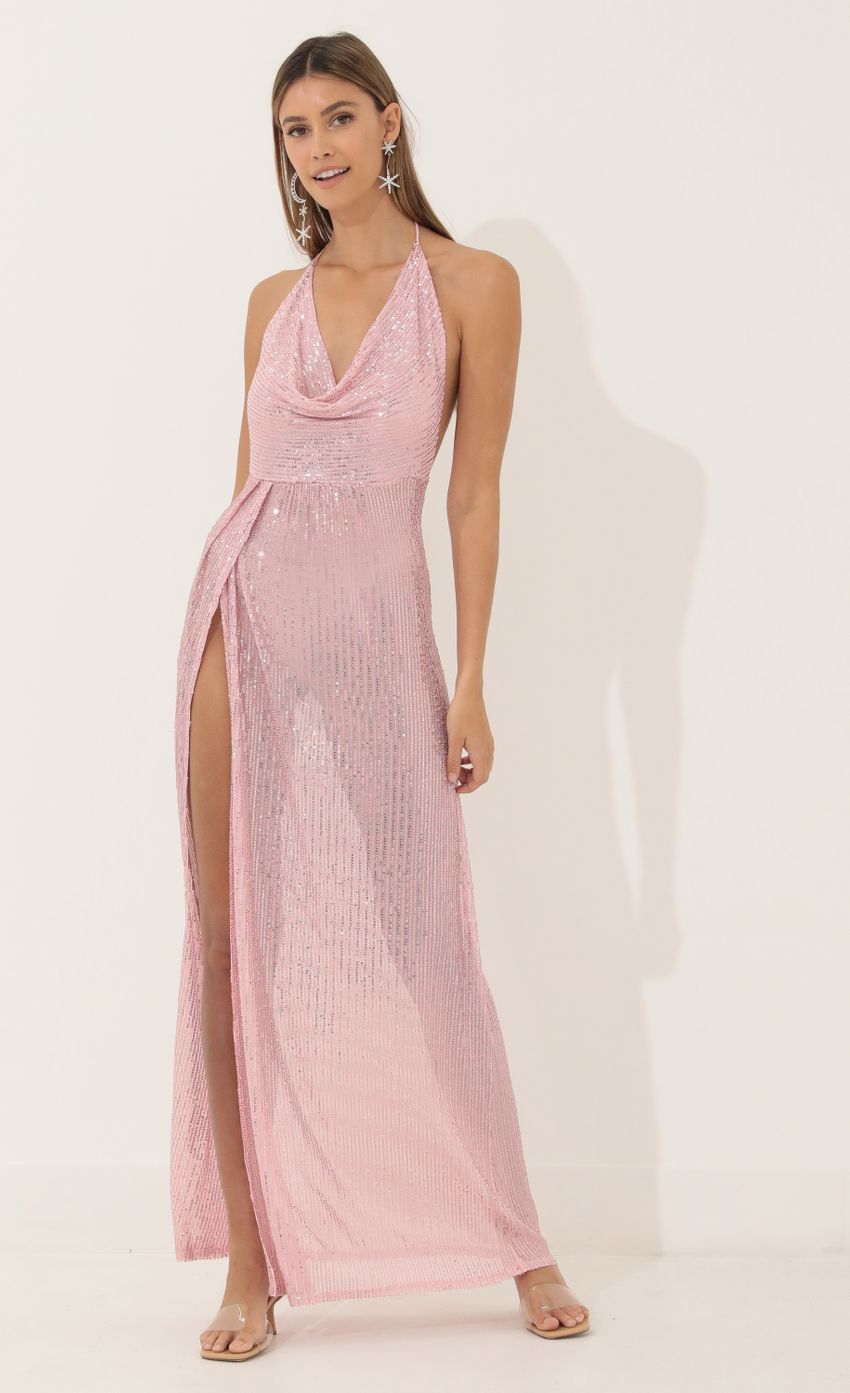 Lucy In The Sky Cowl Neck Maxi Dress in Pink Sequin