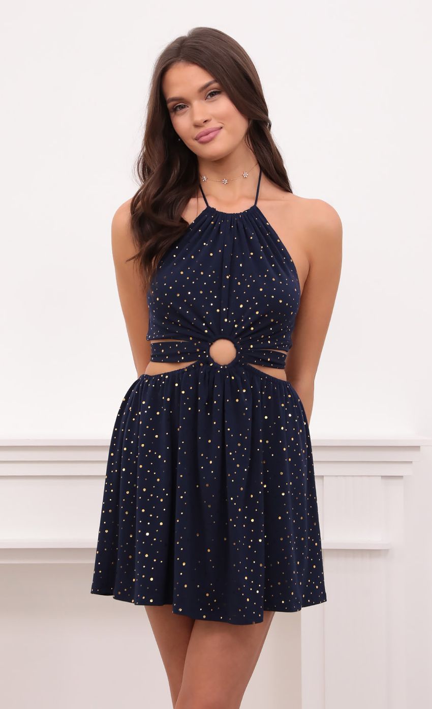 Lucy In The Sky Shimmer Halter Cutout Dress in Navy