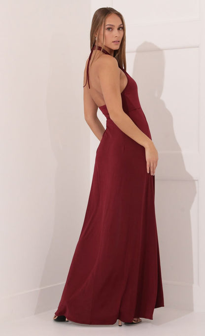 Lucy In The Sky Halter Maxi Dress in Burgundy