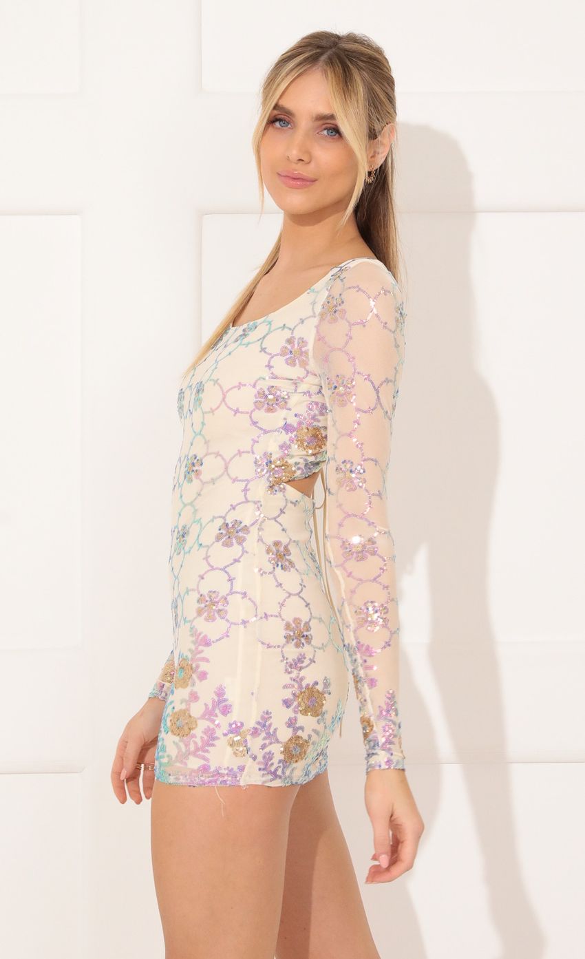 Lucy In The Sky Long Sleeve Bodycon Dress in Nude and Multicolor Sequin