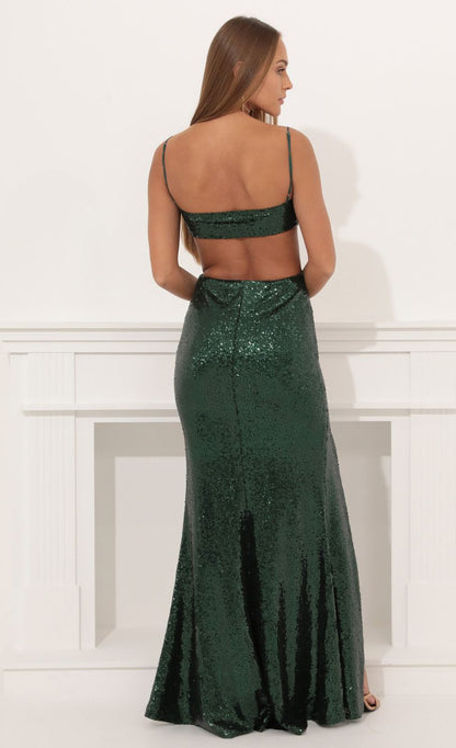 Lucy in the Sky Halter Maxi In Green Sequin