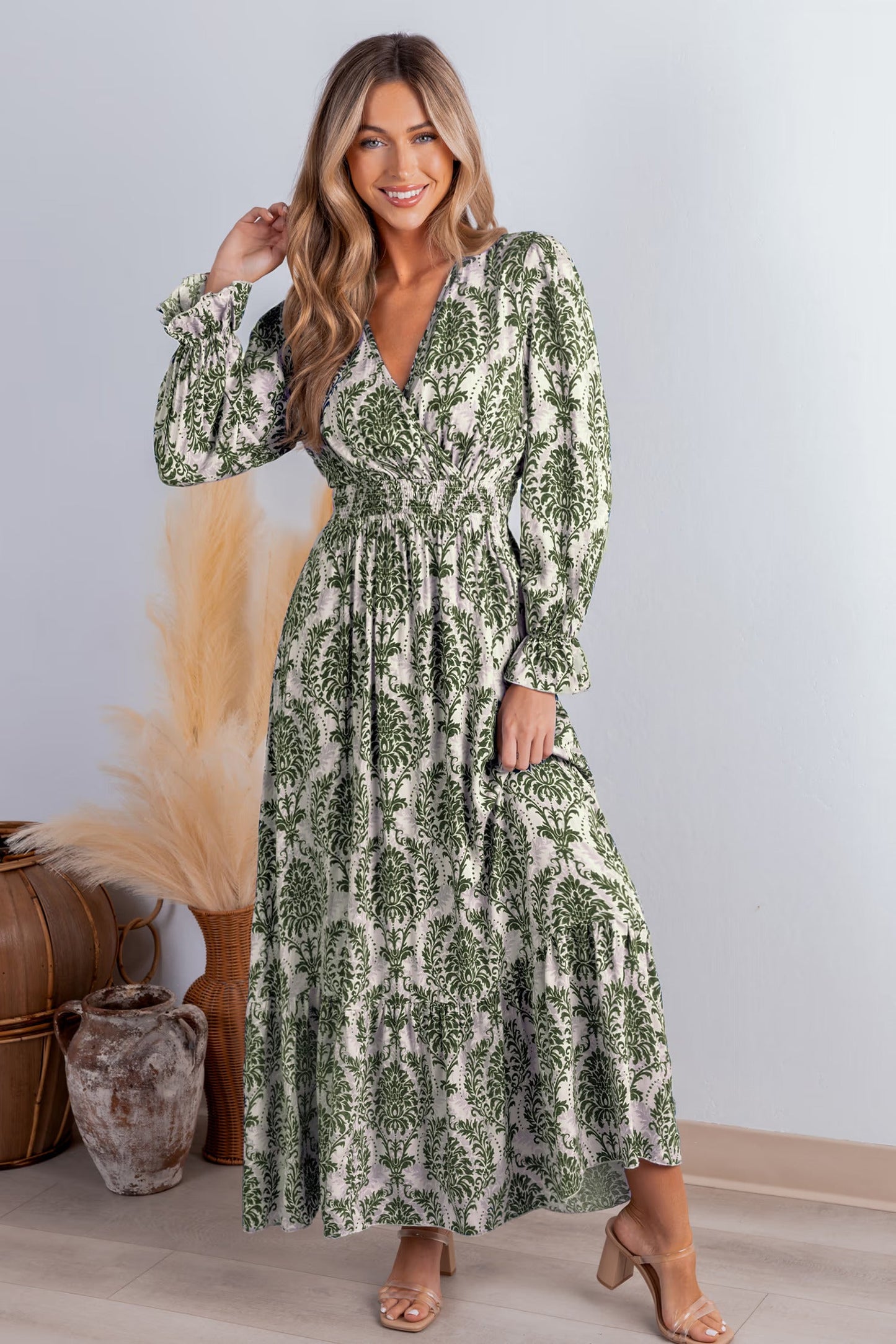 Cupshe Damask Long Sleeve V-Neck Maxi Dress