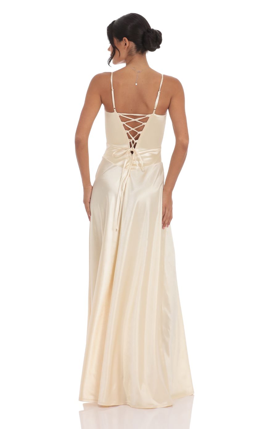 Lucy In The Sky Satin Square Neck Maxi Dress in Champagne