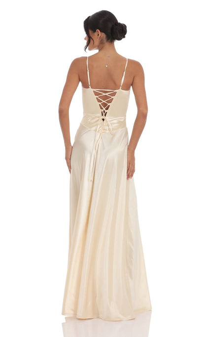 Lucy In The Sky Satin Square Neck Maxi Dress in Champagne