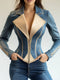 Ursime PU Leather Patchwork Denim Lapel Collar Zipper Jacket