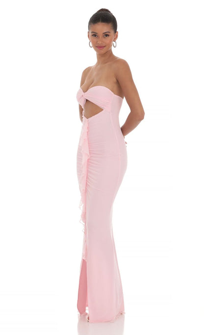 Lucy in the Sky Mesh Cutout Ruffle Maxi Dress in Pink