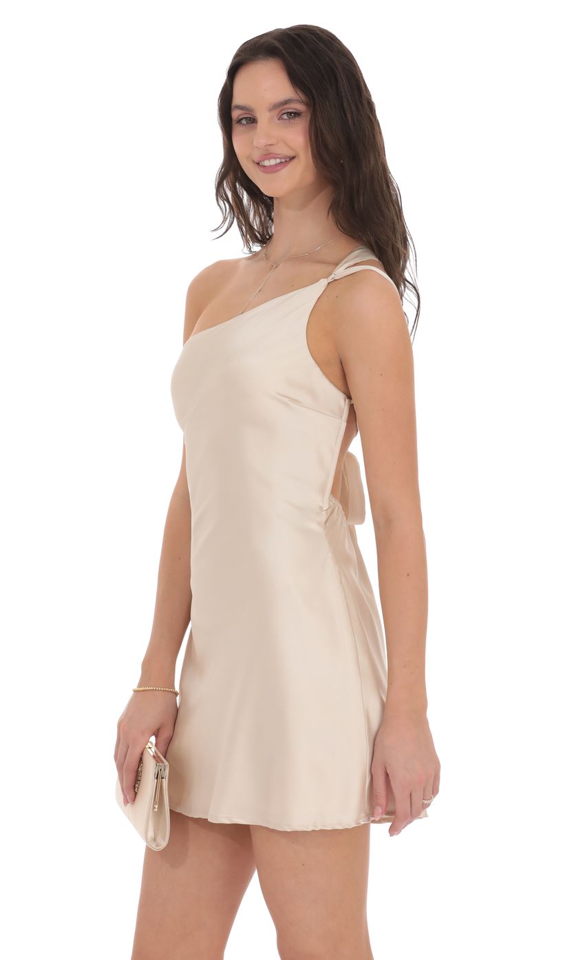 Lucy In The Sky Satin One Shoulder Open Back Dress in Champagne