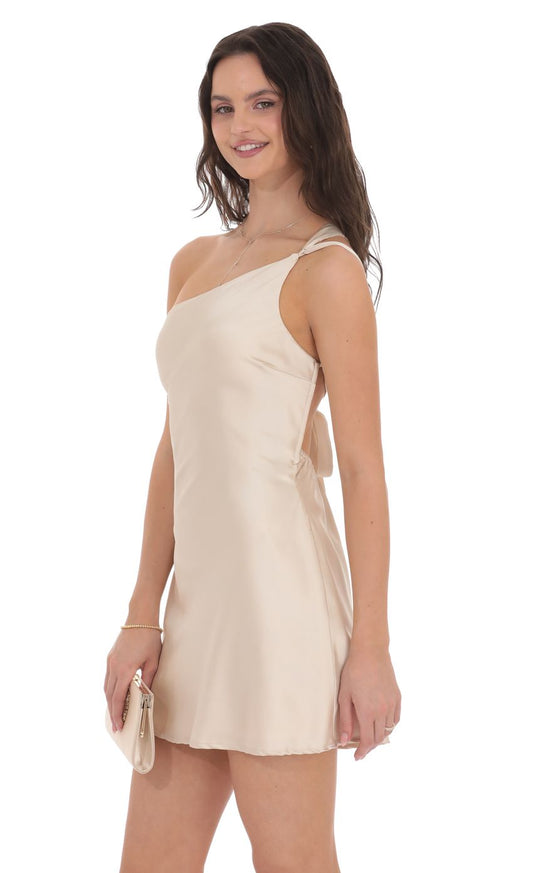 Lucy In The Sky Satin One Shoulder Open Back Dress in Champagne