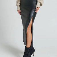 Ursime Casual PU Leather High Rise Slit Bodycon Midi Skirt